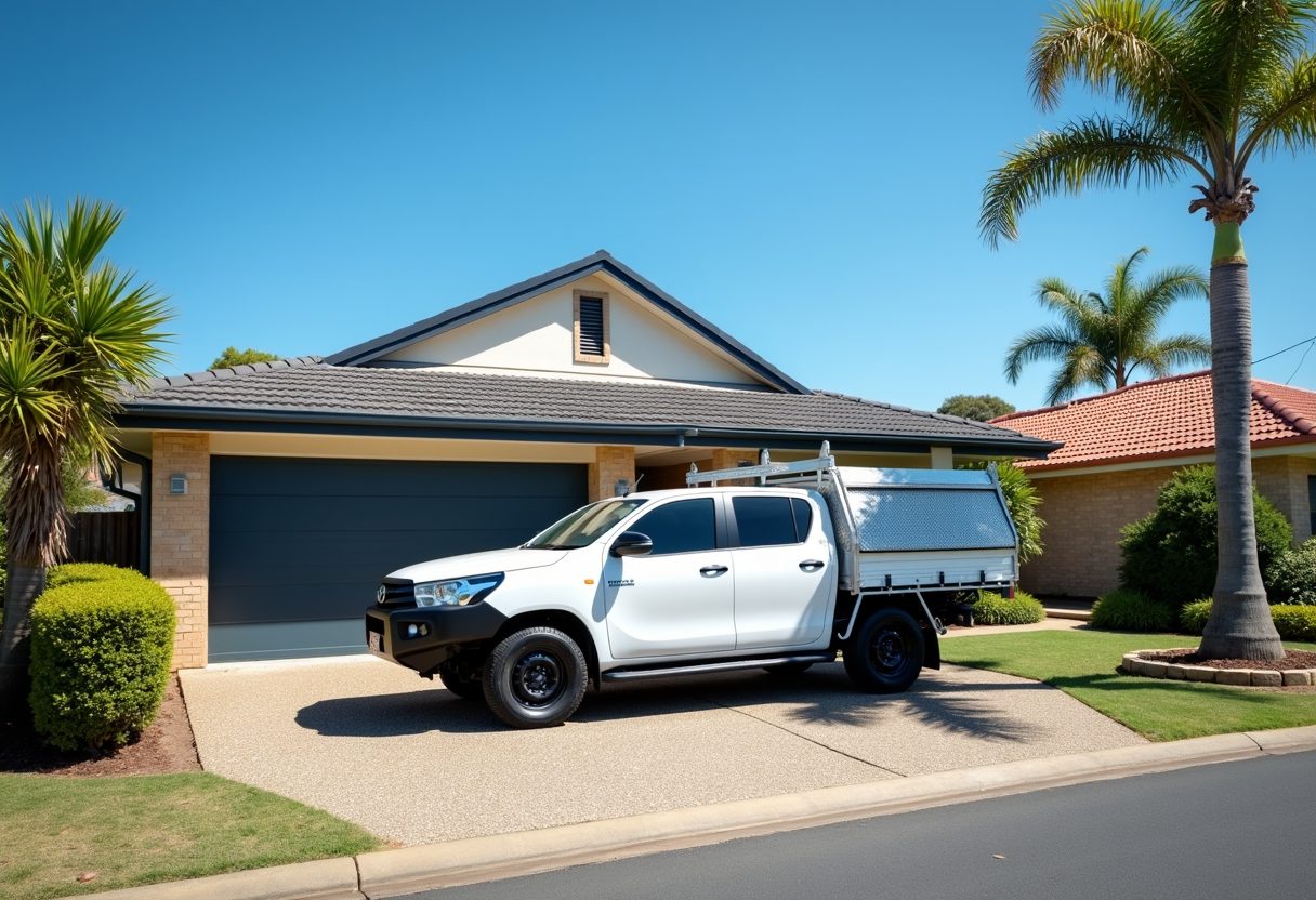 Technician ute in a driveway with a new garage door — Chermside